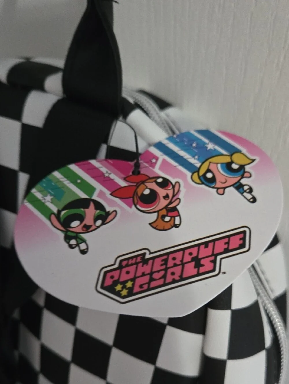 Kids Black & White Checkerboard Backpack with Pink, Red & Yellow Powerpuff Girls